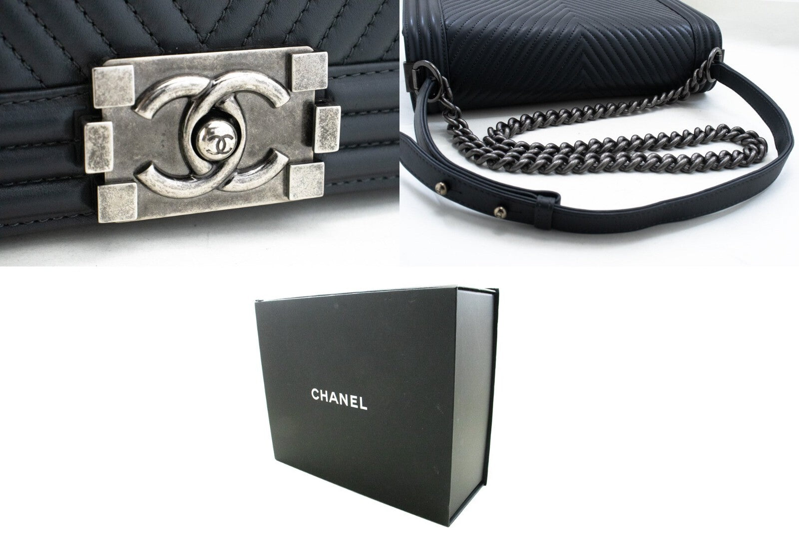 Chanel Boy Flap Chevron Calfskin Gray Calfskin Shoulder Bag Bag (Pre-Owned)