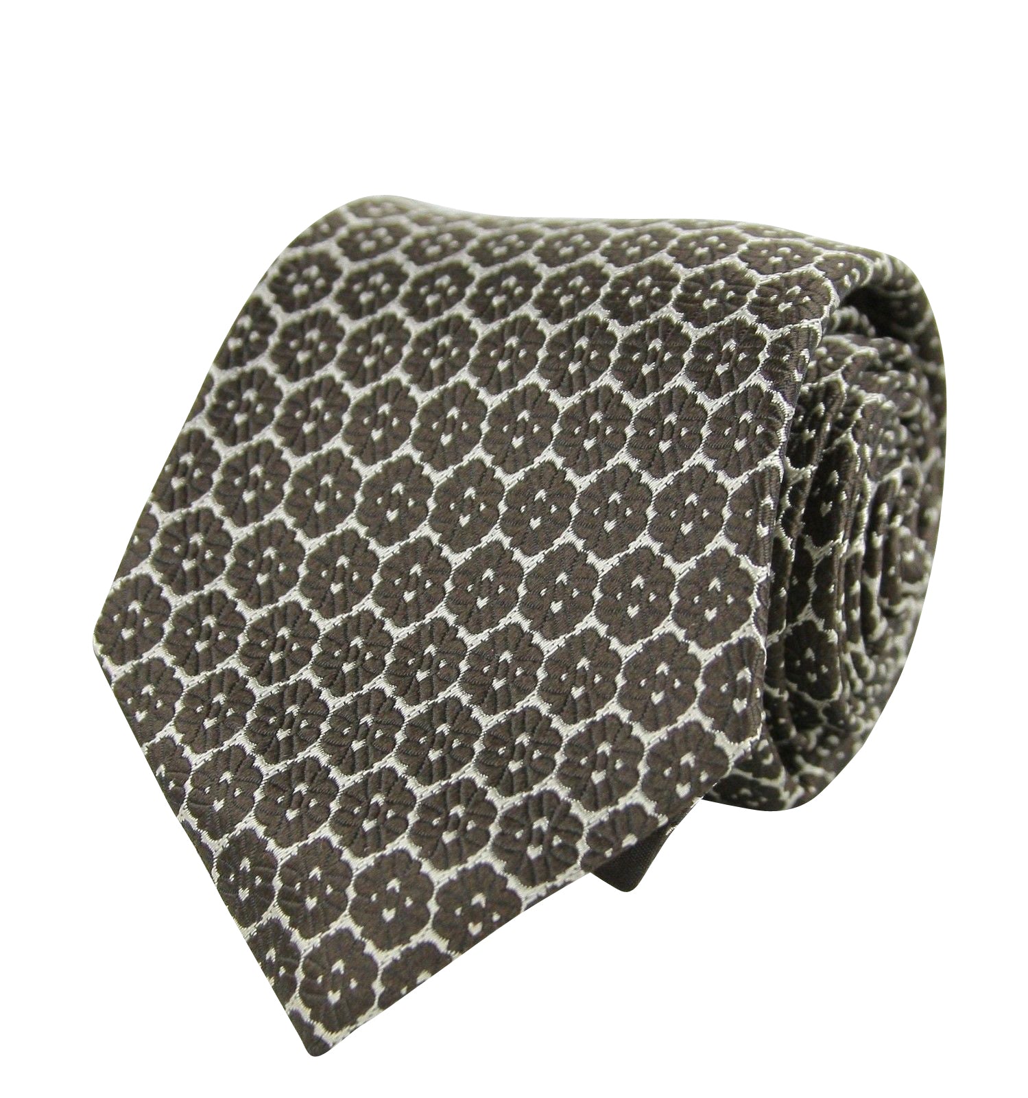 Flower Print Beige Dark Silk Woven Tie 1973