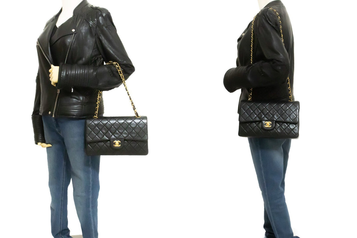 Chanel Classic Timeless Double Flap Quilted Lambskin Black Leather Handbag (Pre-Owned)