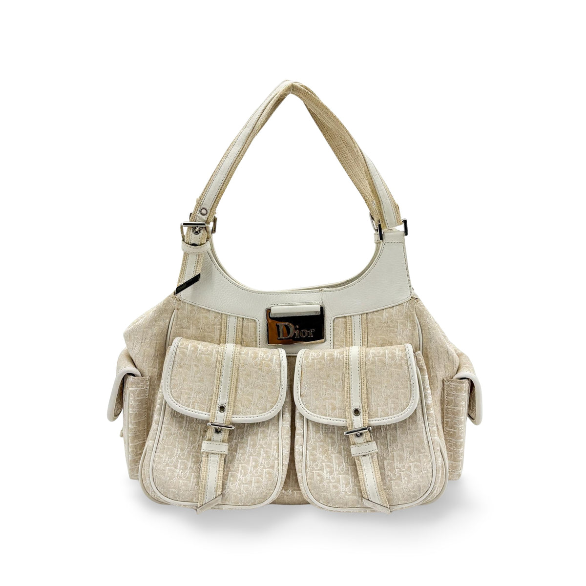 Christian Dior Vintage Trotter Street Chic Pocket Hobo Diorissimo Canvas White Canvas Shoulder Bag Bag (Pre-Owned)