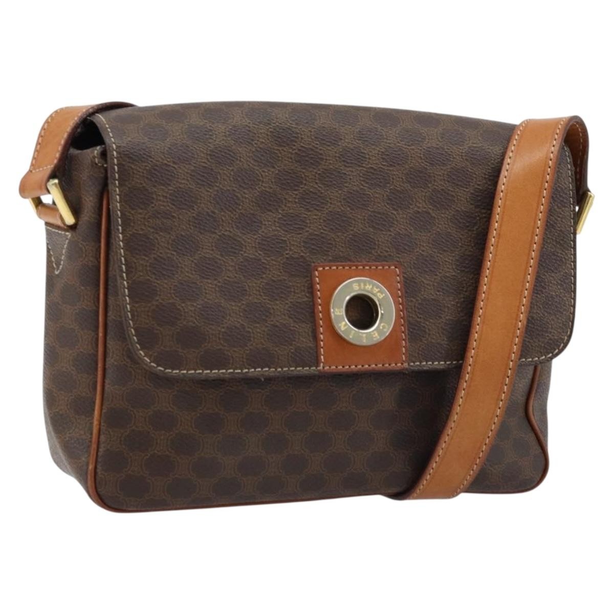 Celine Vintage Macadam Circle Logo Canvas And Leather Brown Canvas Shoulder Bag Bag (Pre-Owned)