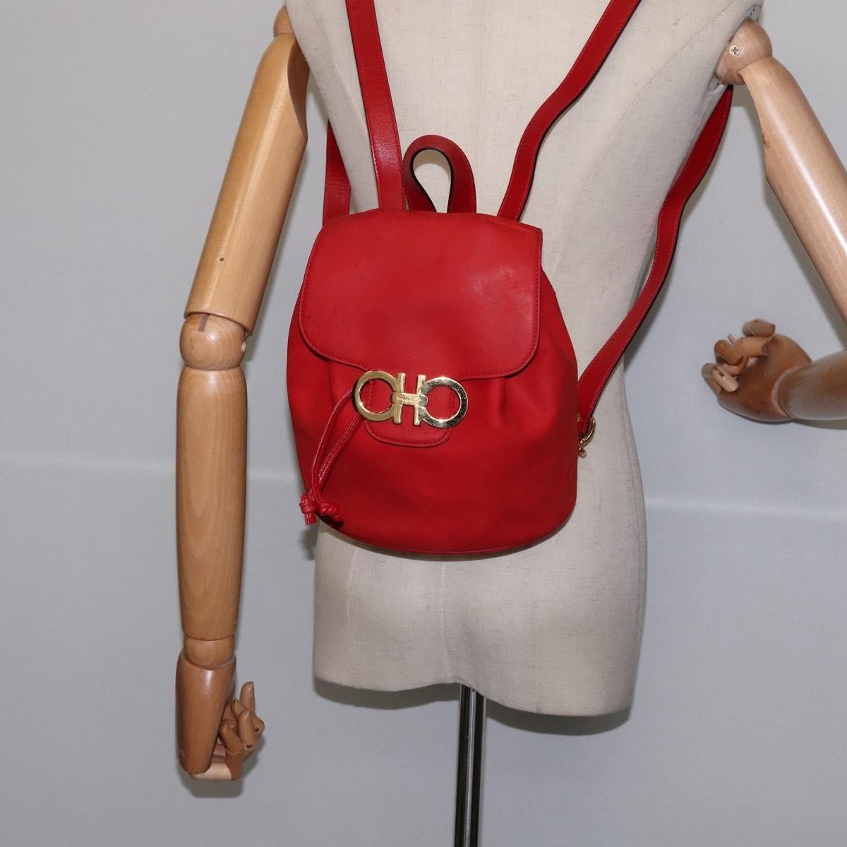 Salvatore Ferragamo Gancini Flap Drawstring Leather Red Leather Backpack Bag (Pre-Owned)