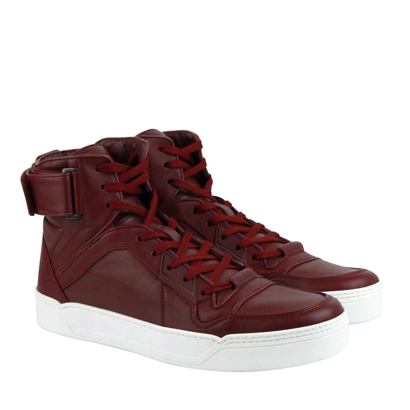 Gucci High Top Strong Dark Red Leather Sneakers With Strap 386738 6148