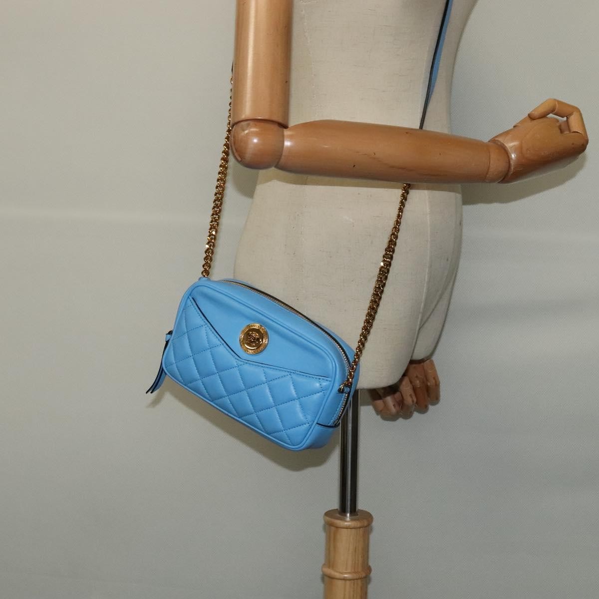 Versace Medusa Icon Front Slip Pocket Camera Quilted Leather Blue Leather Shoulder Bag Bag (Pre-Owned)