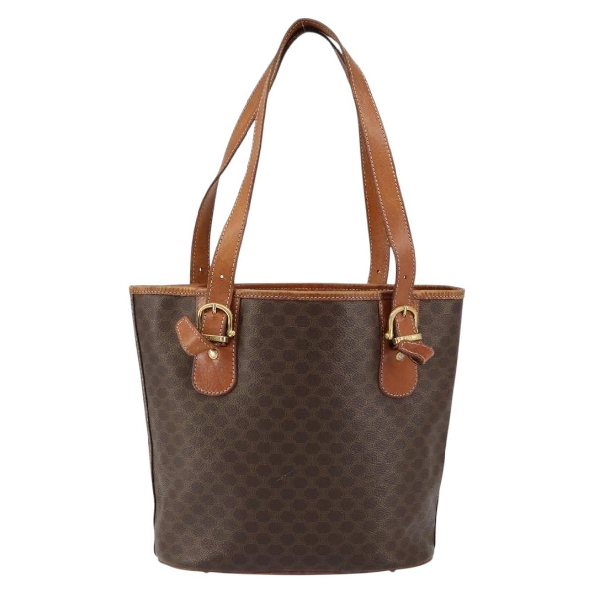 Celine Vintage Macadam Shopper Tote Canvas And Leather Brown Canvas Tote Bag Bag (Pre-Owned)