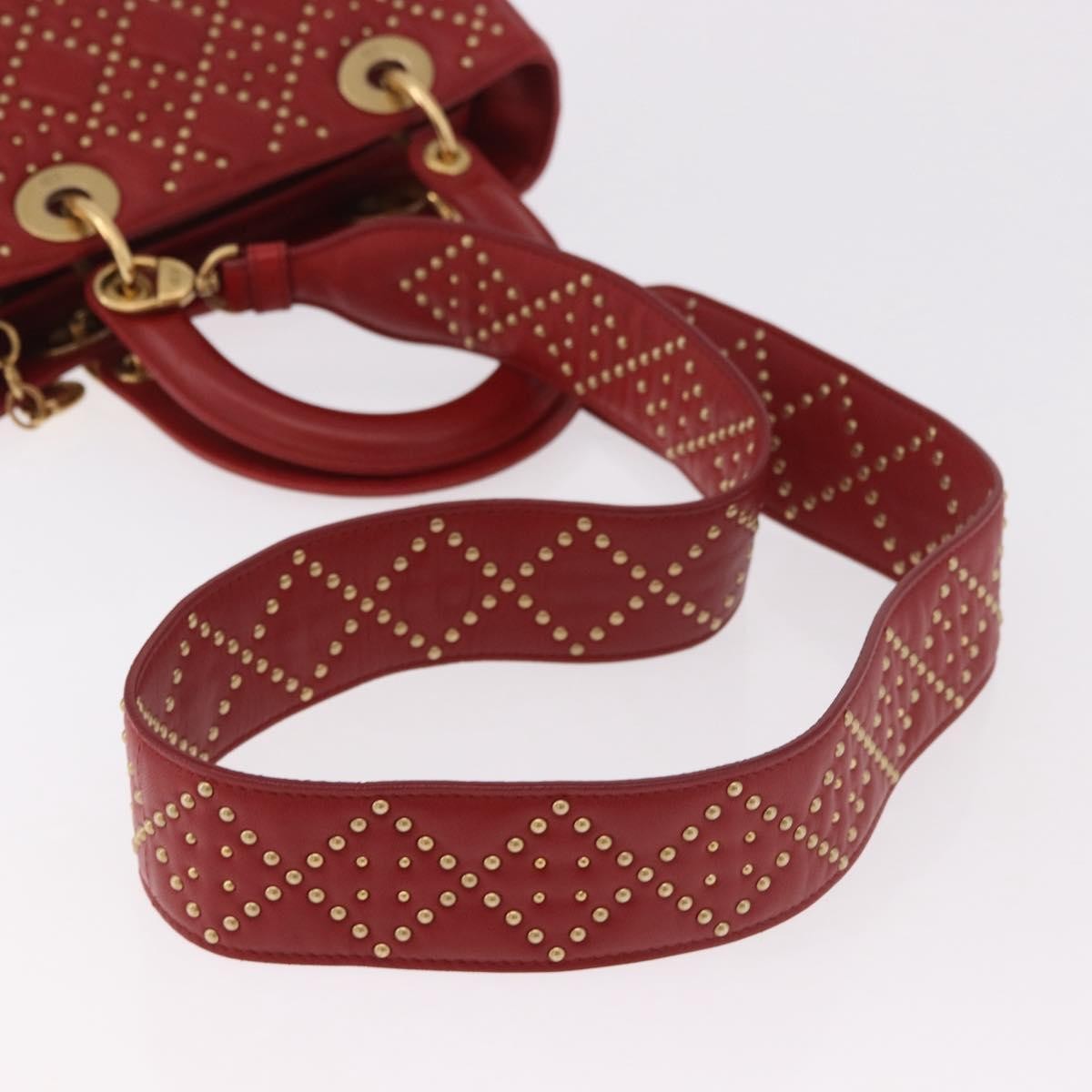 Christian Dior Supple Lady Dior Cannage Studded Lambskin Red Leather Handbag (Pre-Owned)