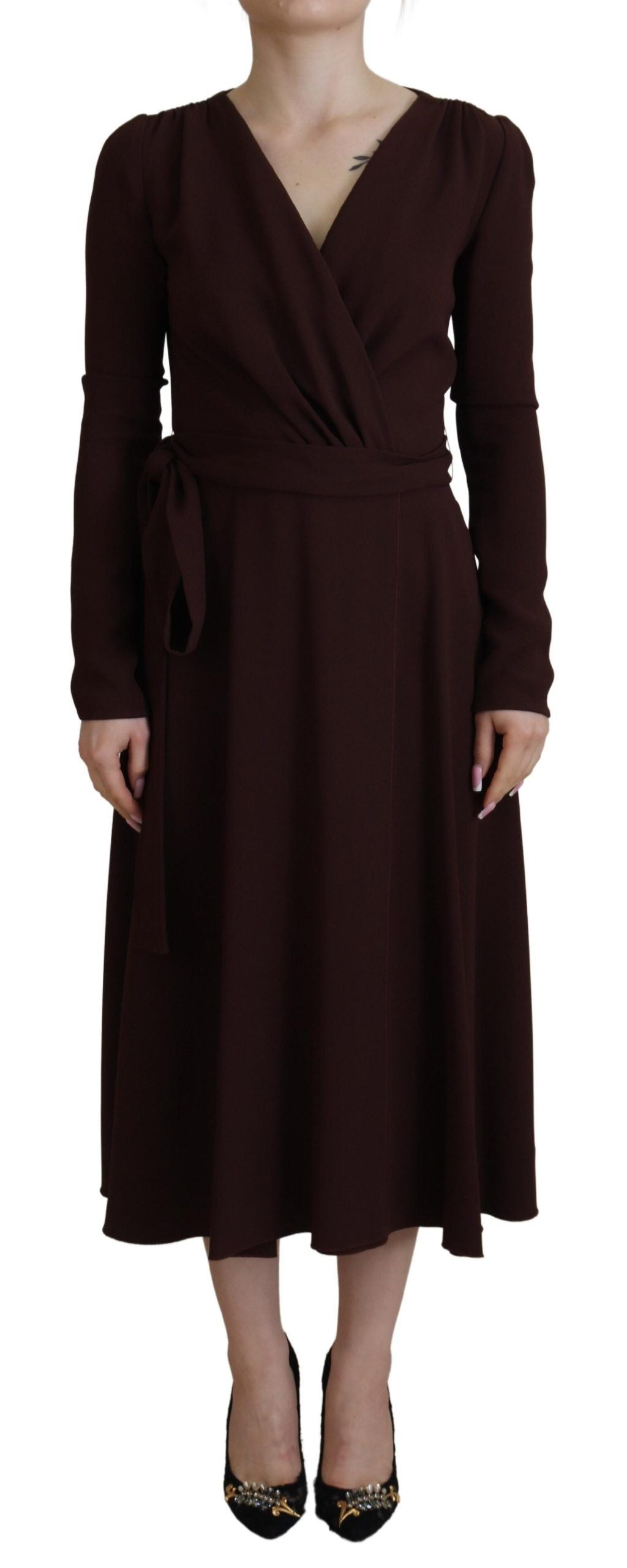 Dolce & Gabbana Elegant Brown Long Sleeve Wrap Women's Dress