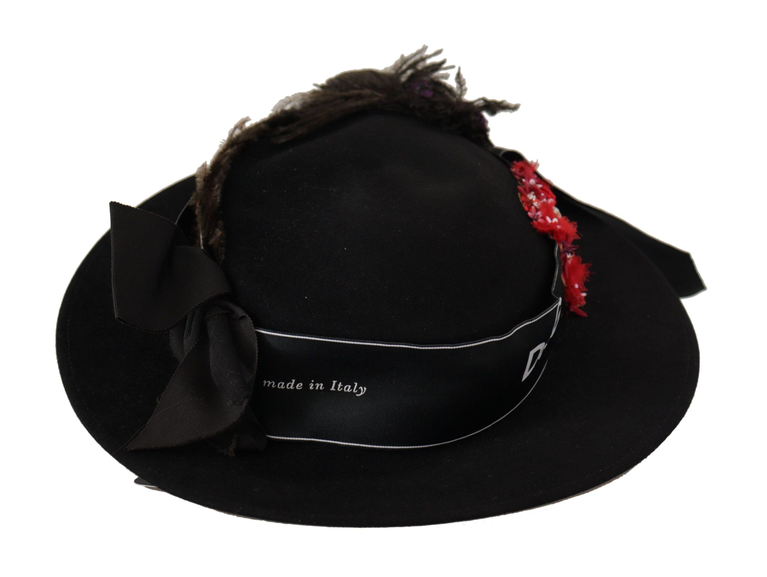 Dolce & Gabbana Black Lapil Crystal Heart Feather Brooch Fedora Women's Hat