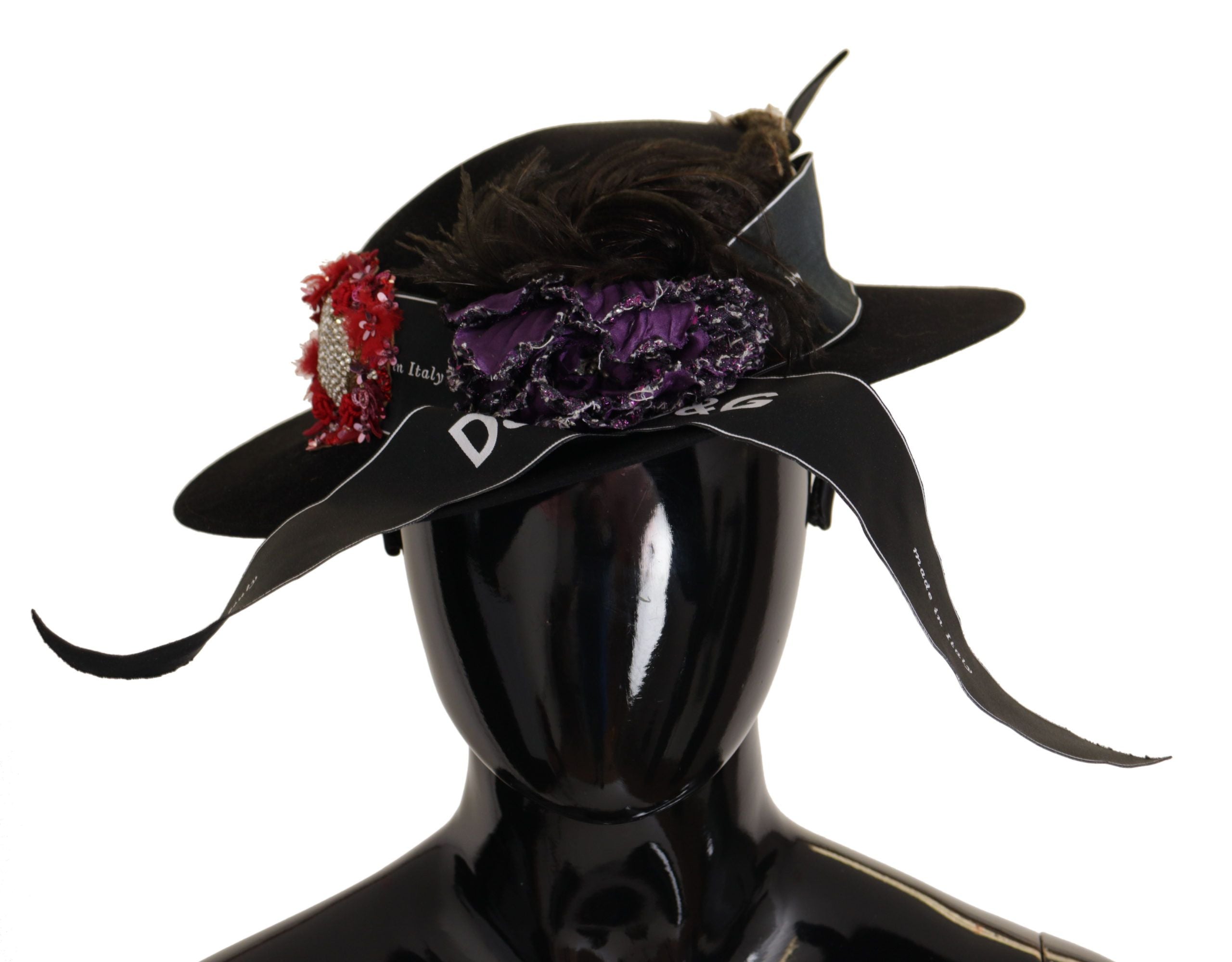 Dolce & Gabbana Black Lapil Crystal Heart Feather Brooch Fedora Women's Hat