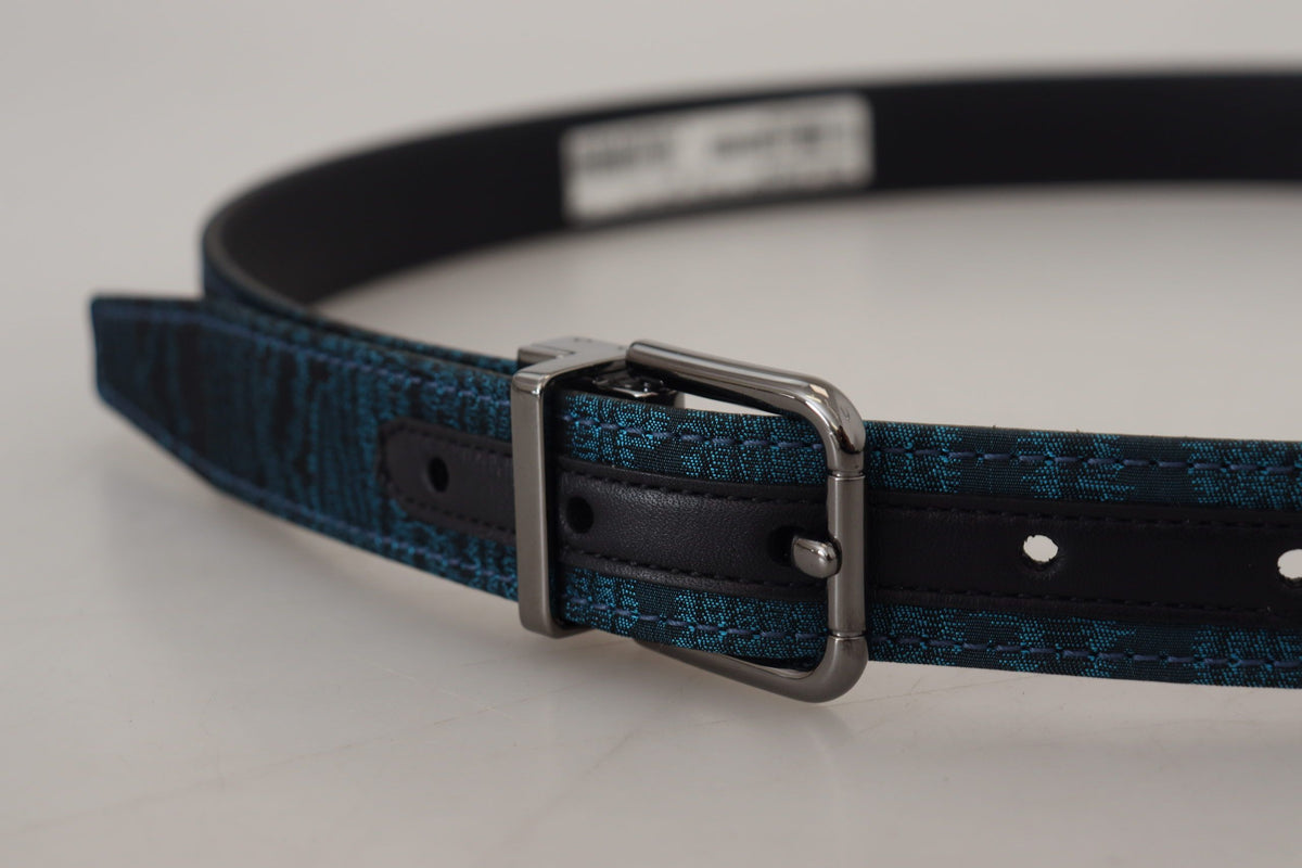 Dolce & Gabbana Blue Jacquard Moire Silver Metal Belt Men's Men