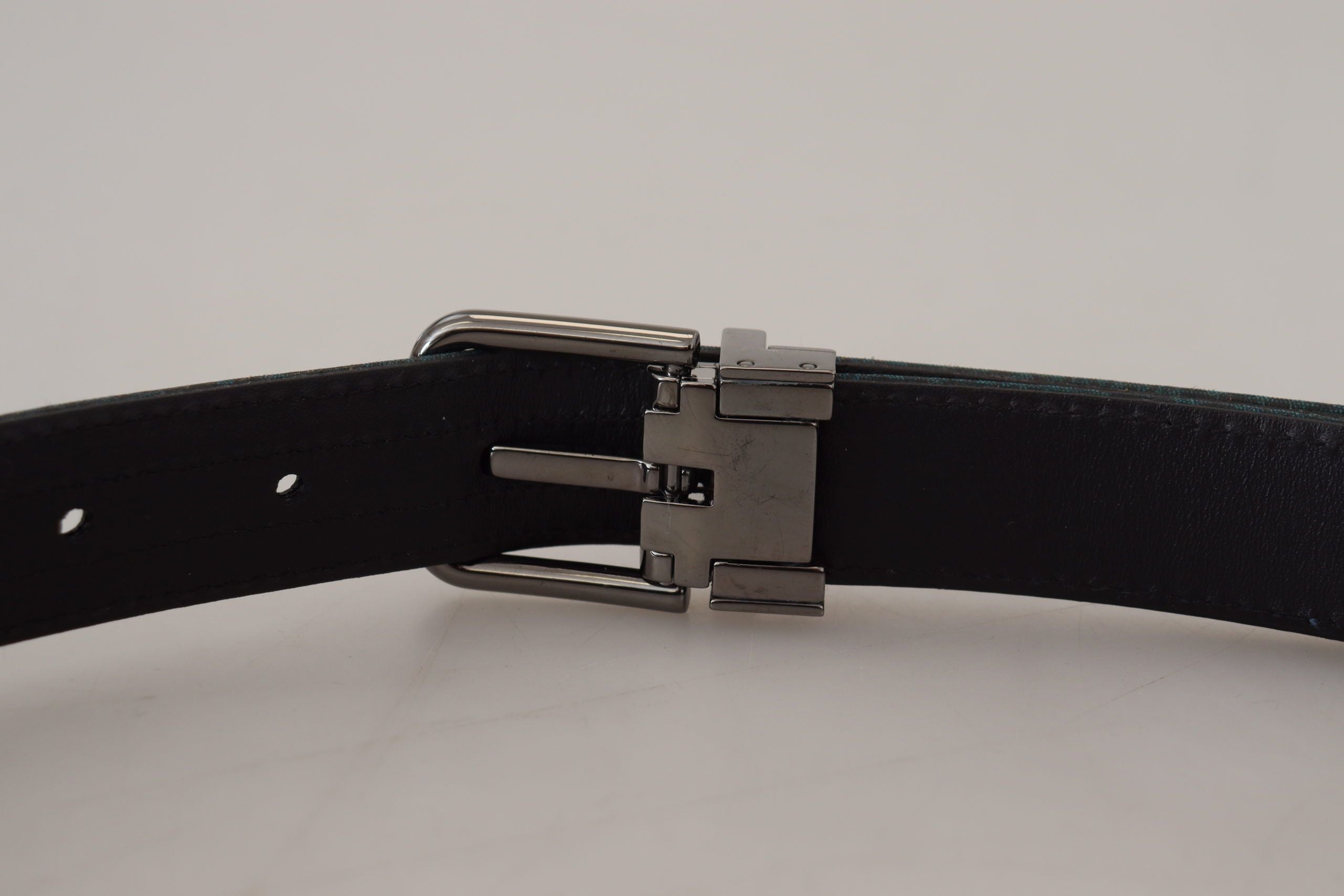 Dolce & Gabbana Blue Jacquard Moire Silver Metal Belt Men's Men