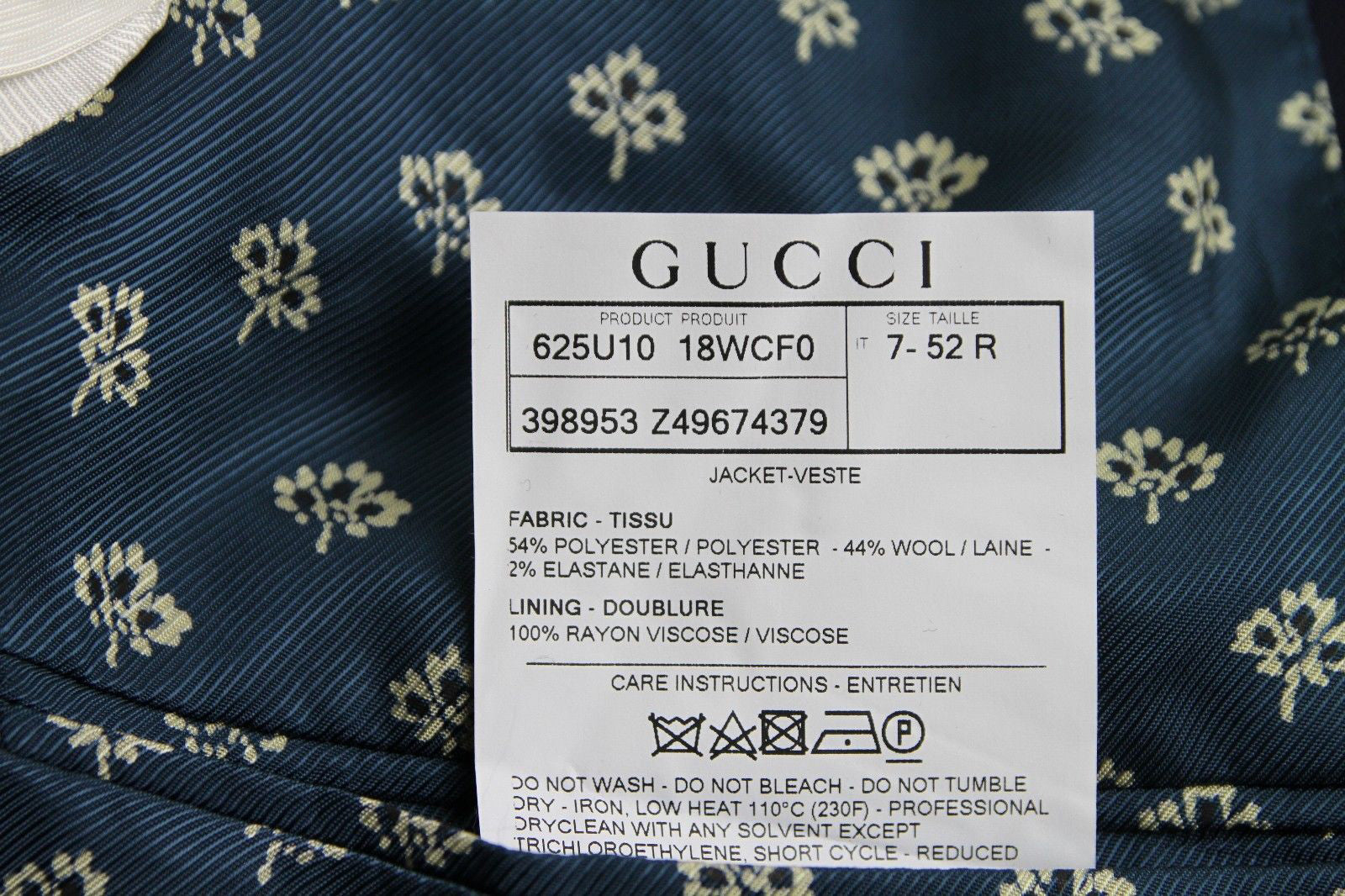 Gucci Men's Formal 2 Buttons Blue Poly / Wool / Elastane Jacket (G 48 R / US 38 R)