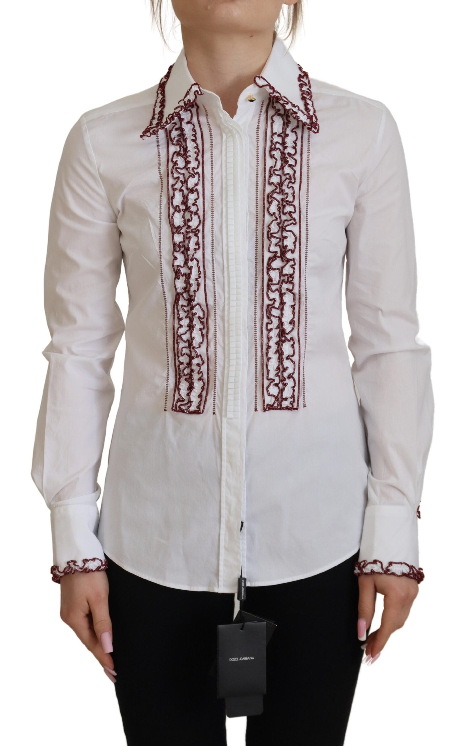 Dolce & Gabbana White Lace Long Sleeves Ruffle Collar Women's Top