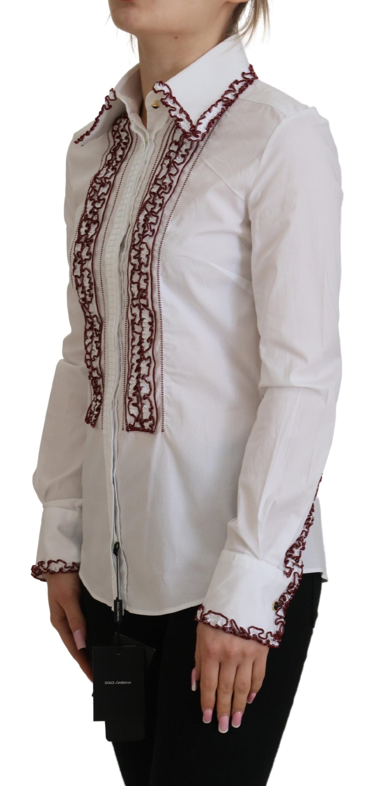 Dolce & Gabbana White Lace Long Sleeves Ruffle Collar Women's Top