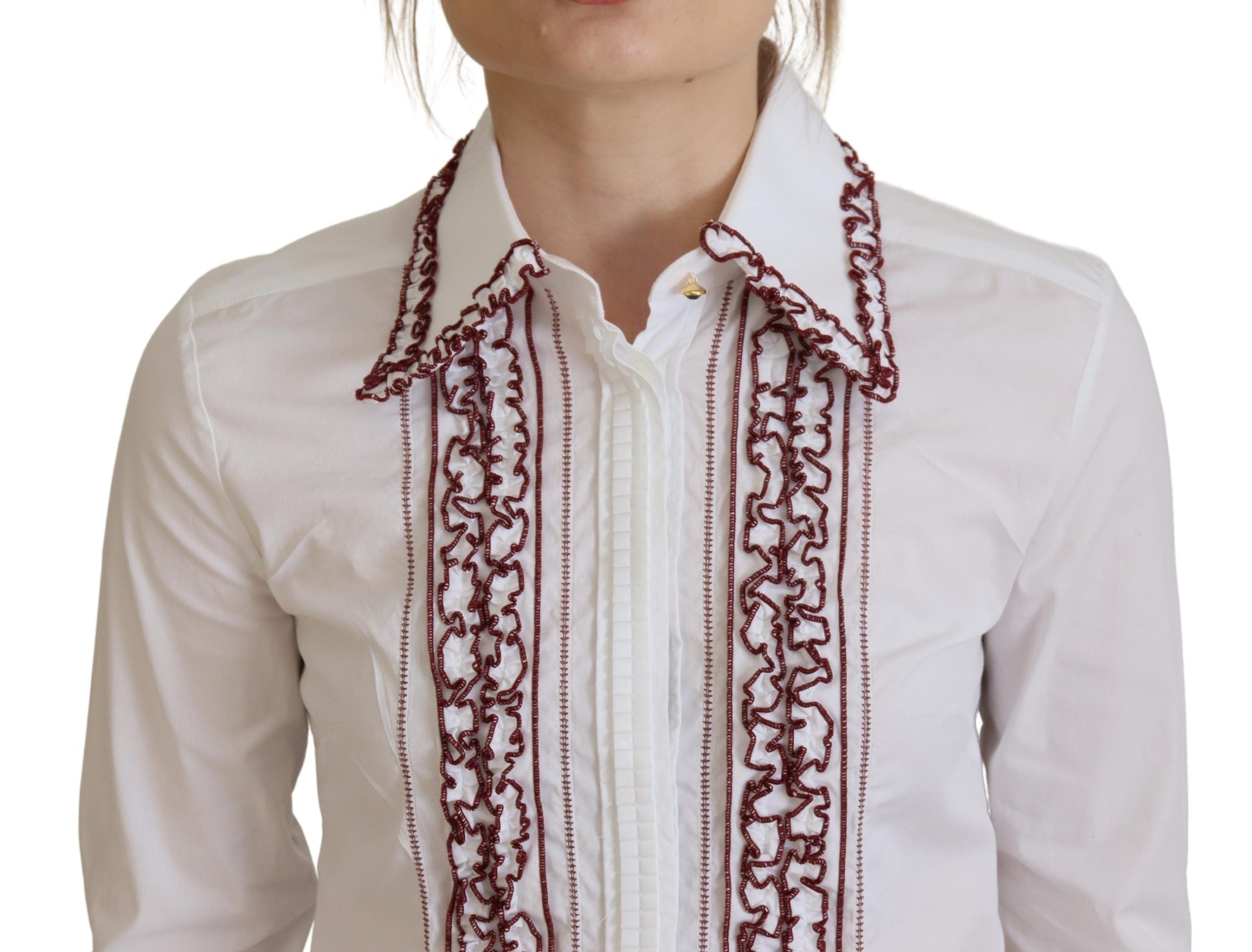 Dolce & Gabbana White Lace Long Sleeves Ruffle Collar Women's Top