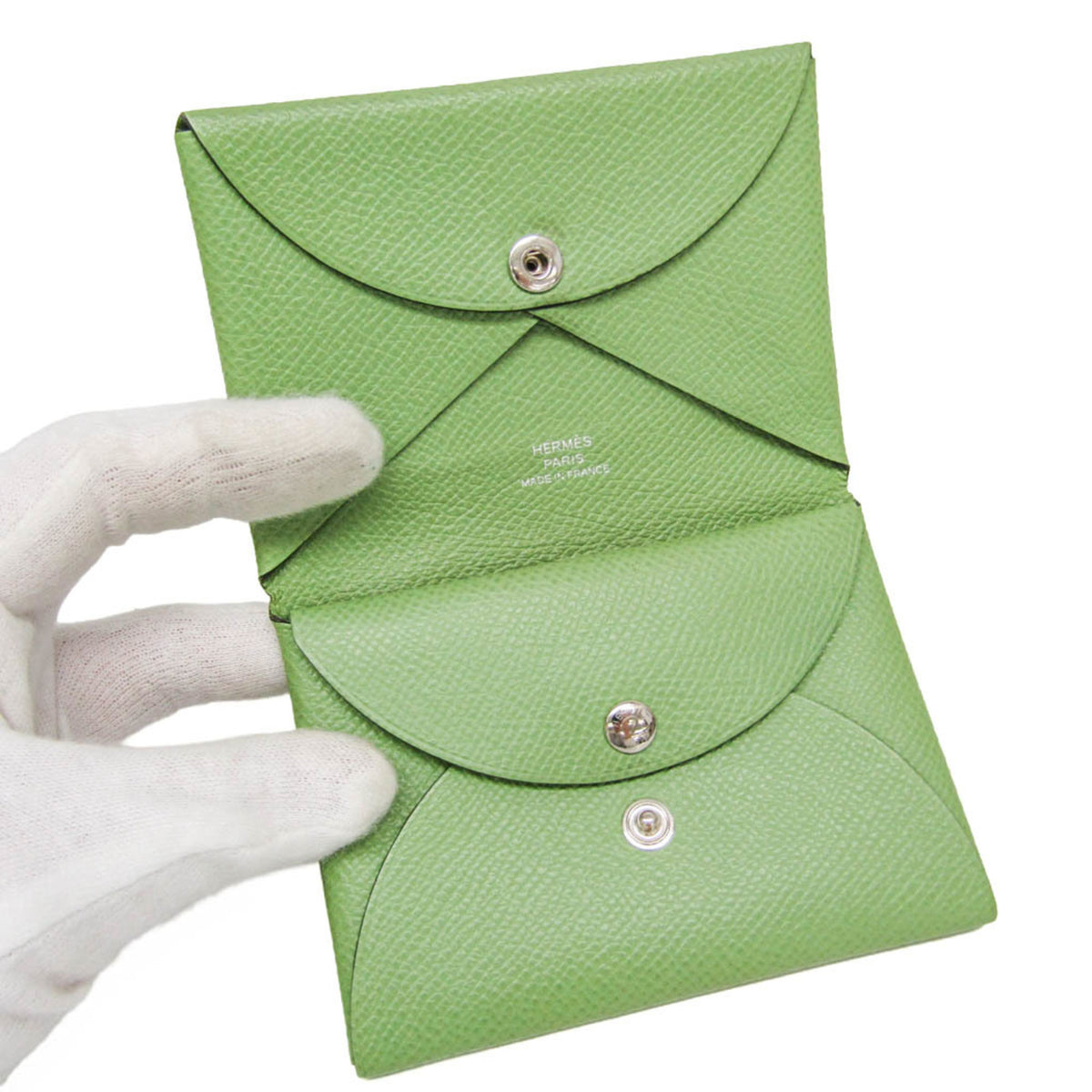 Hermes Calvi Duo Card Holder Epsom Green Leather Card Holders Accessory (Pre-Owned)