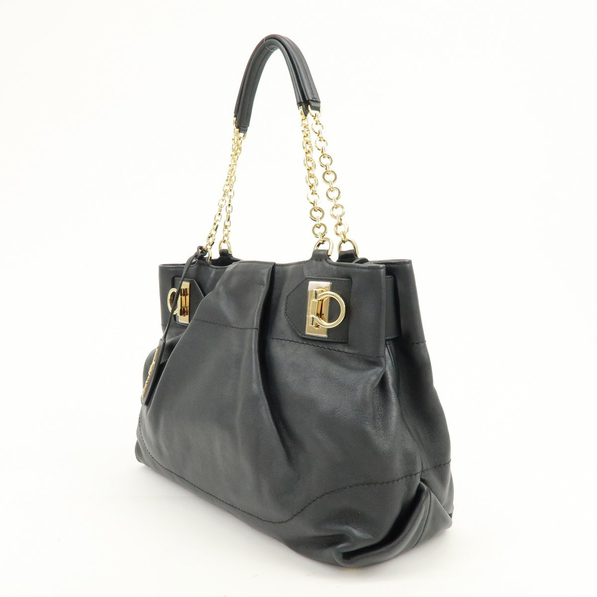 Salvatore Ferragamo W Chain Leather Black Leather Tote Bag Bag (Pre-Owned)