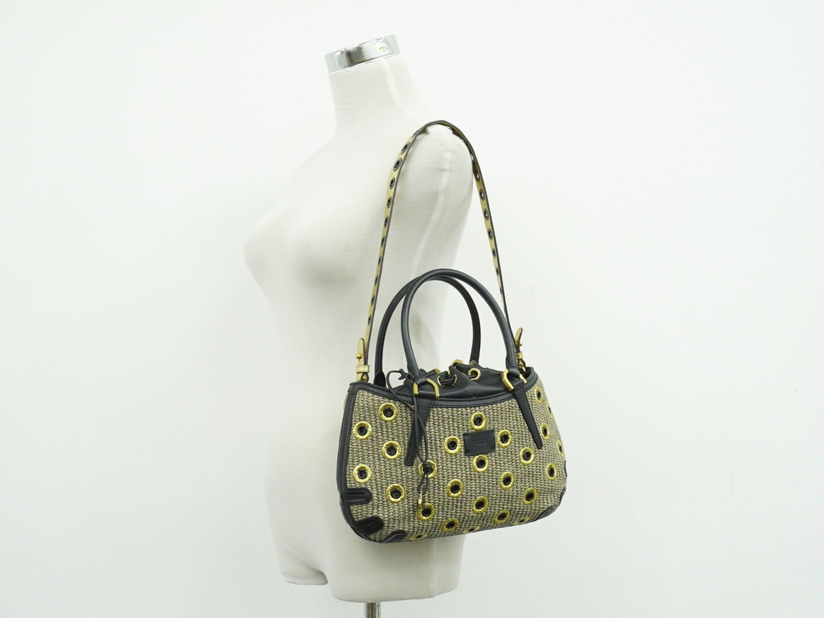 Fendi B. Fab Convertible Tote Grommet Embellished Raffia Beige Leather Handbag (Pre-Owned)