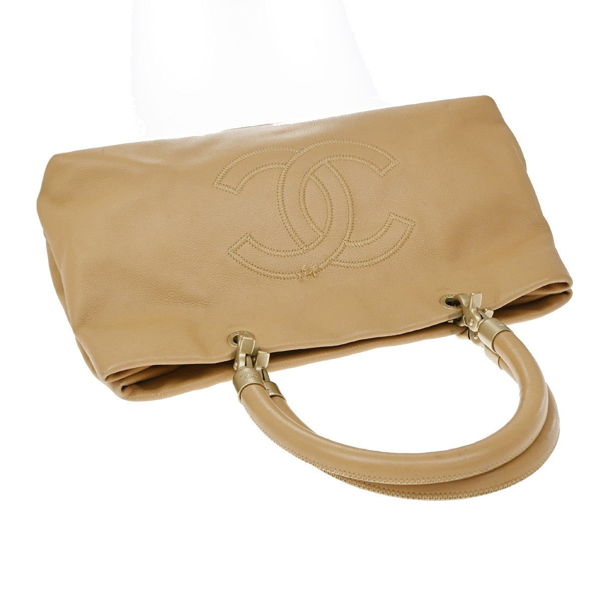 Chanel Vintage Handle Cc Caviar Beige Leather Tote Bag Bag (Pre-Owned)