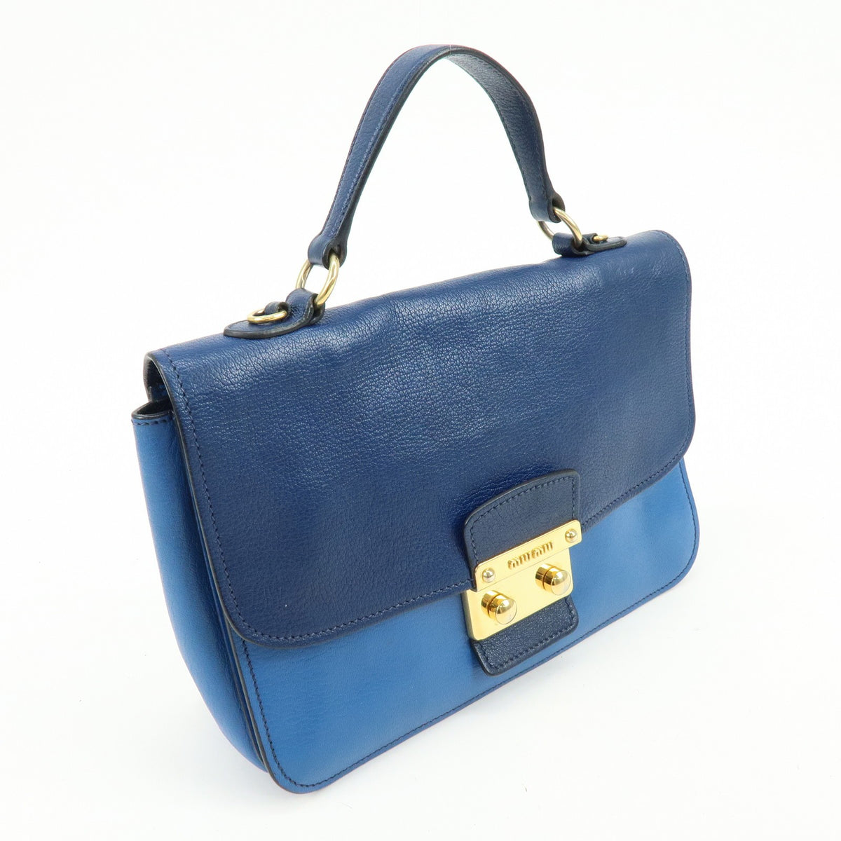 Miu Miu Madras Top Handle Leather Blue Leather Handbag (Pre-Owned)