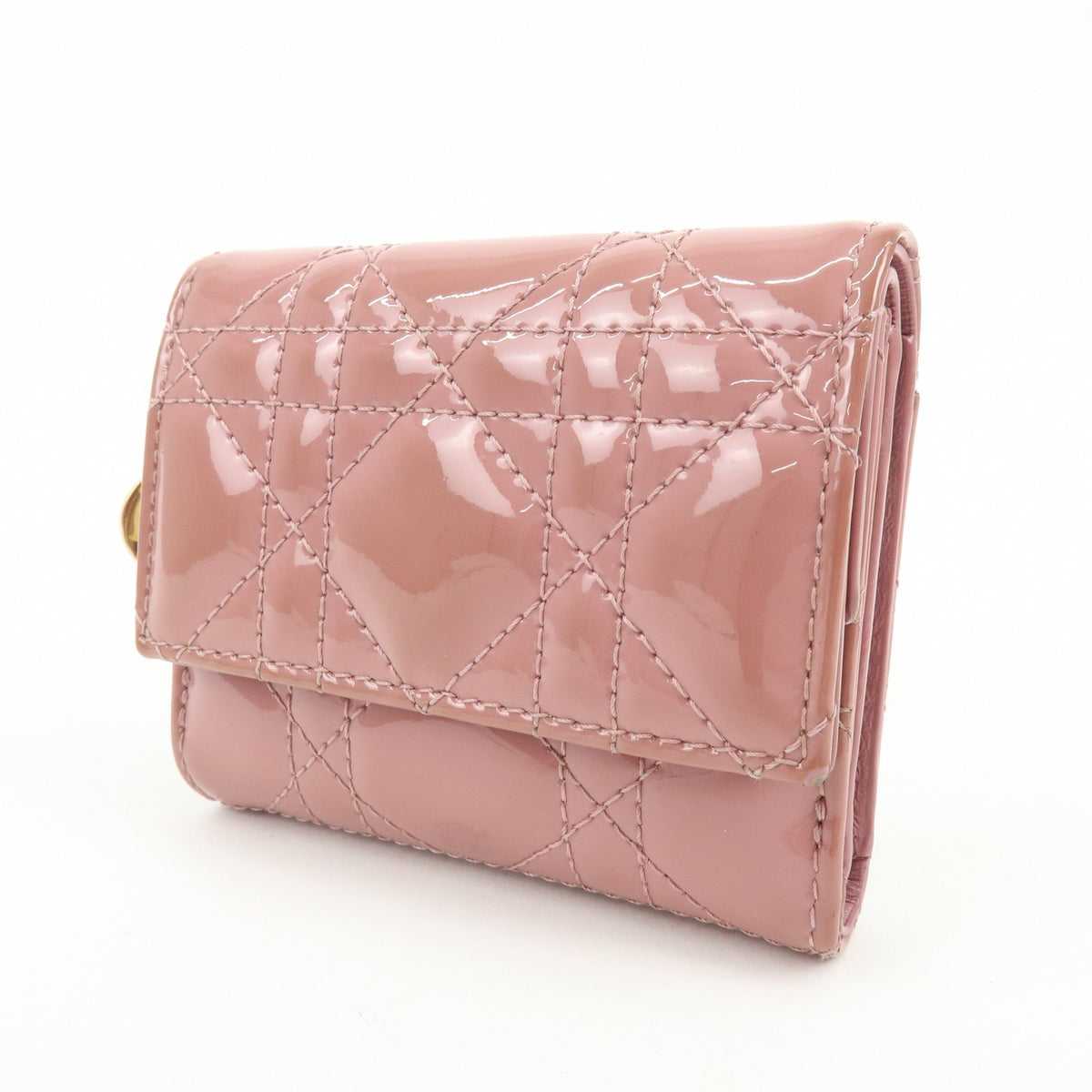 Christian Dior Lady Dior Cannage Quilt Leather Pink Patent_Leather Wallets Accessory (Pre-Owned)