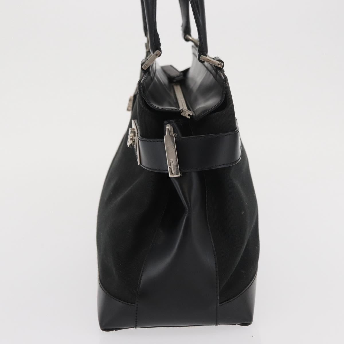 Salvatore Ferragamo Double Gancini Side Buckle Tote Canvas Black Canvas Handbag (Pre-Owned)