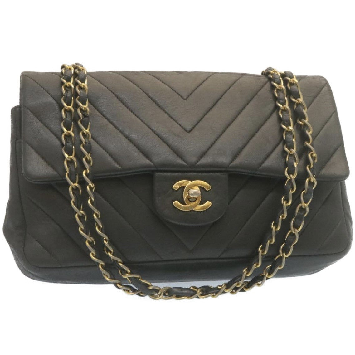 Chanel Vintage Classic Double Flap Chevron Lambskin Black Leather Handbag (Pre-Owned)
