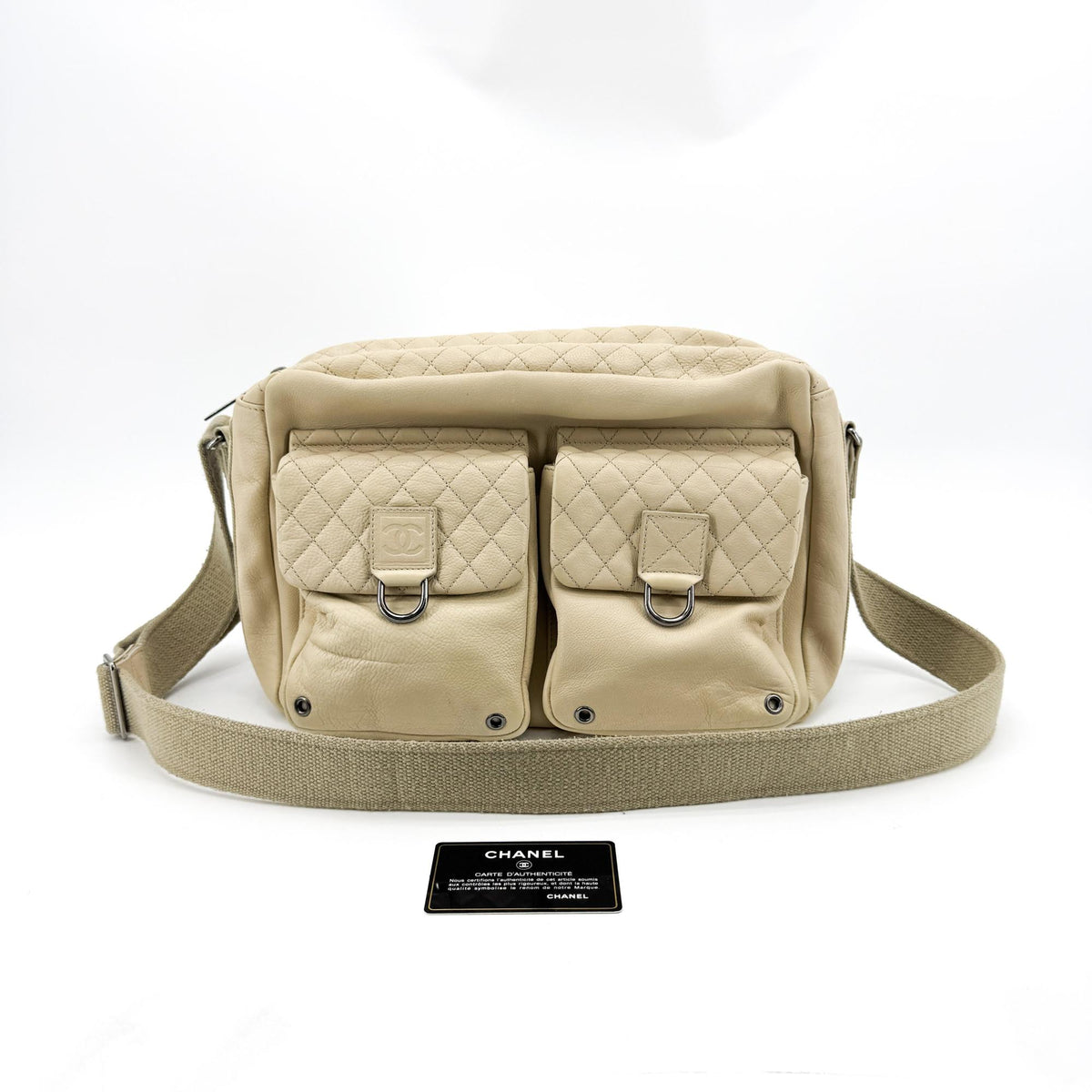 Chanel Sport Line Double Pocket Zip Messenger Leather Beige Leather Crossbody Bag Bag (Pre-Owned)