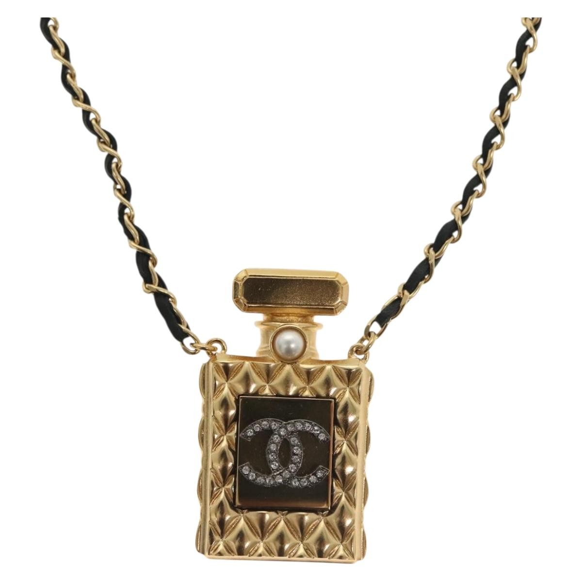 Chanel Cc Perfume Bottle Pendant Chain Long Metal With Leather, Crystals And Faux Pearl Gold Metal Necklace Jewelry (Pre-Owned)