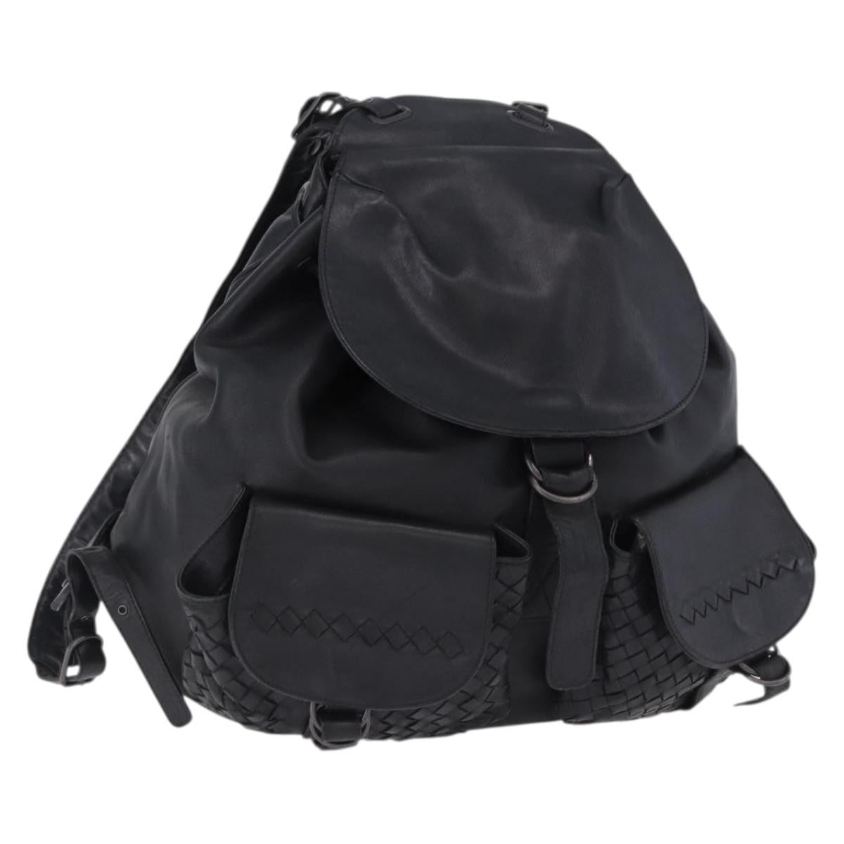 Bottega Veneta Intrecciato Leather Black Leather Backpack Bag (Pre-Owned)