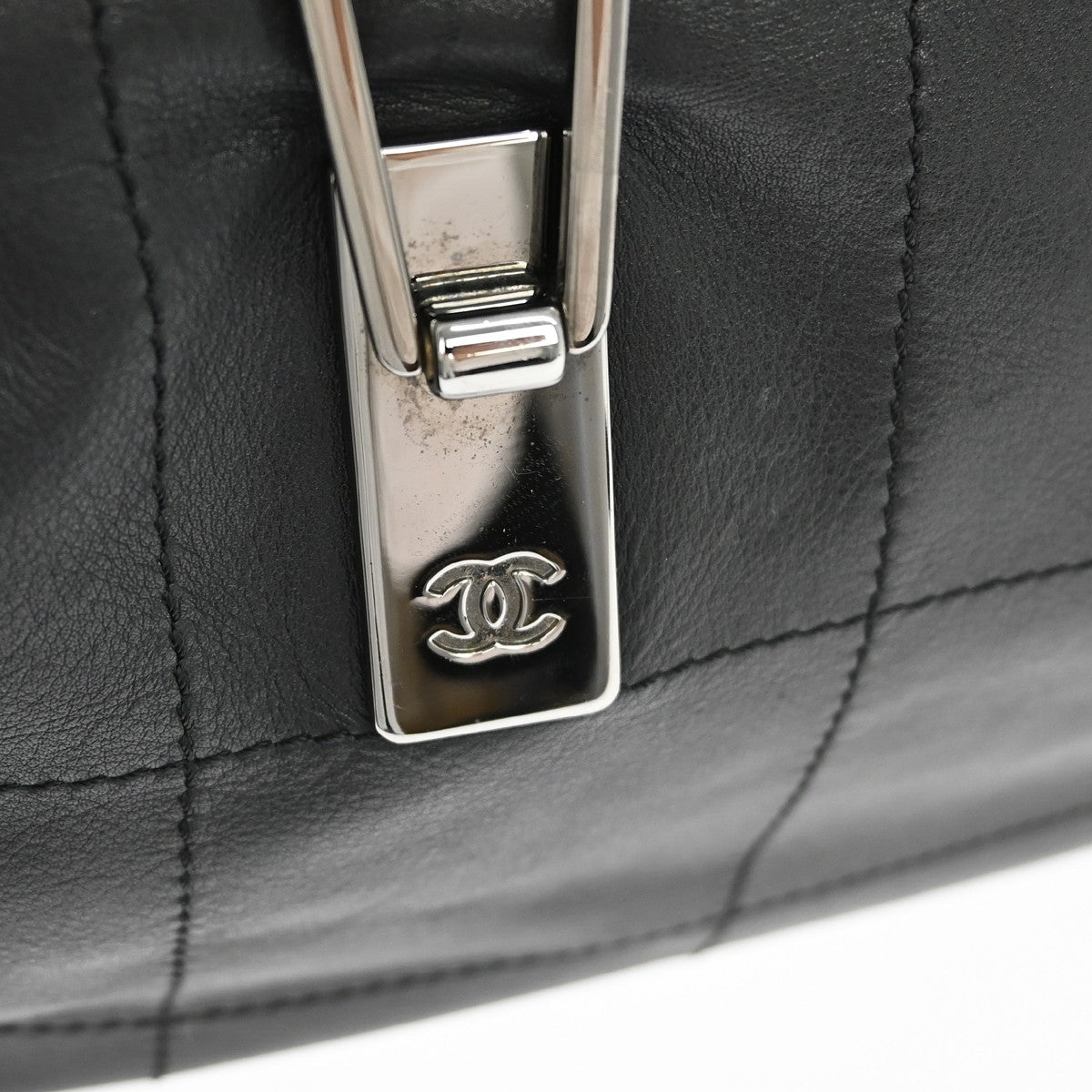 Chanel Square Stitch Cc Boston Quilted Leather Black Leather Handbag (Pre-Owned)
