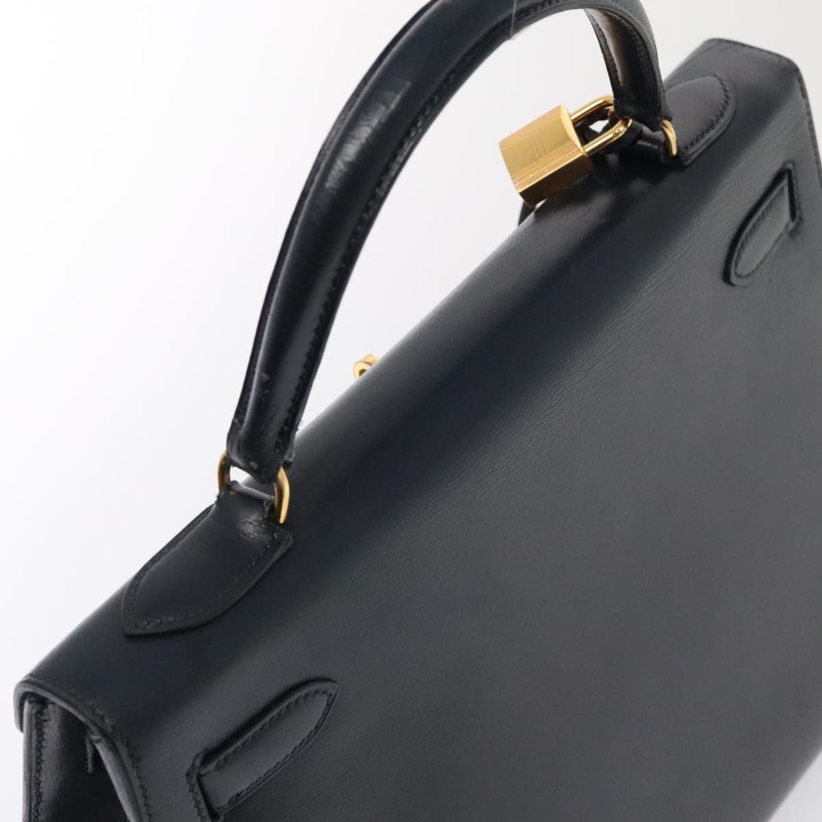 Hermes Kelly Black Box Calf With Gold Hardware Navy Leather Handbag (Pre-Owned)