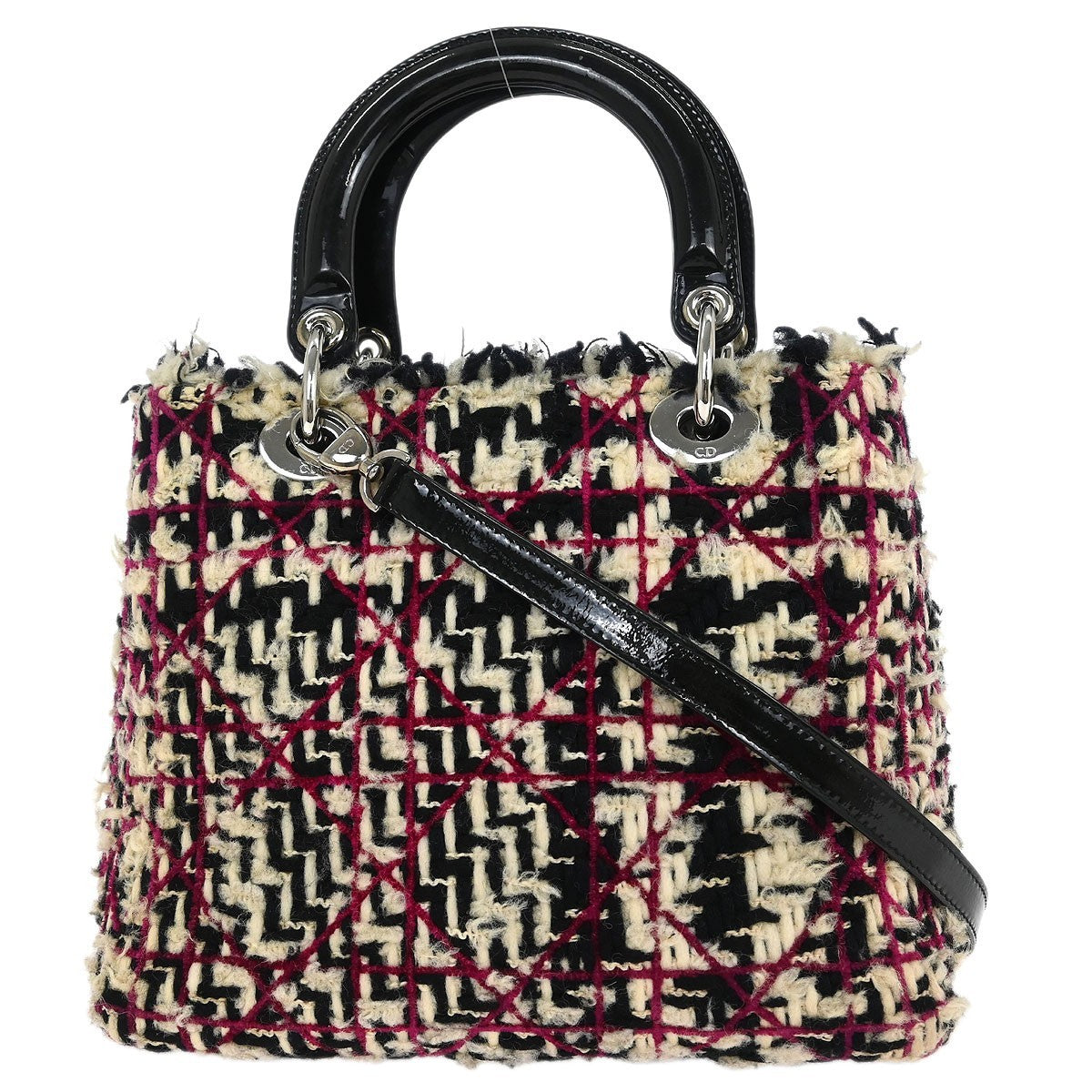 Christian Dior Lady Dior Chain Cannage Tweed Purple,Beige,Black Tweed,Patent_Leather Handbag (Pre-Owned)
