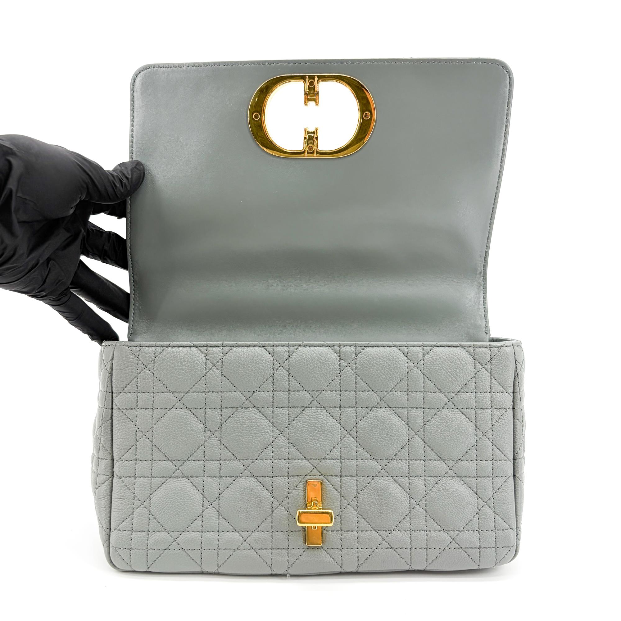 Christian Dior Caro Bag Lucky Star Studded Macrocannage Calfskin Gray Leather Handbag (Pre-Owned)