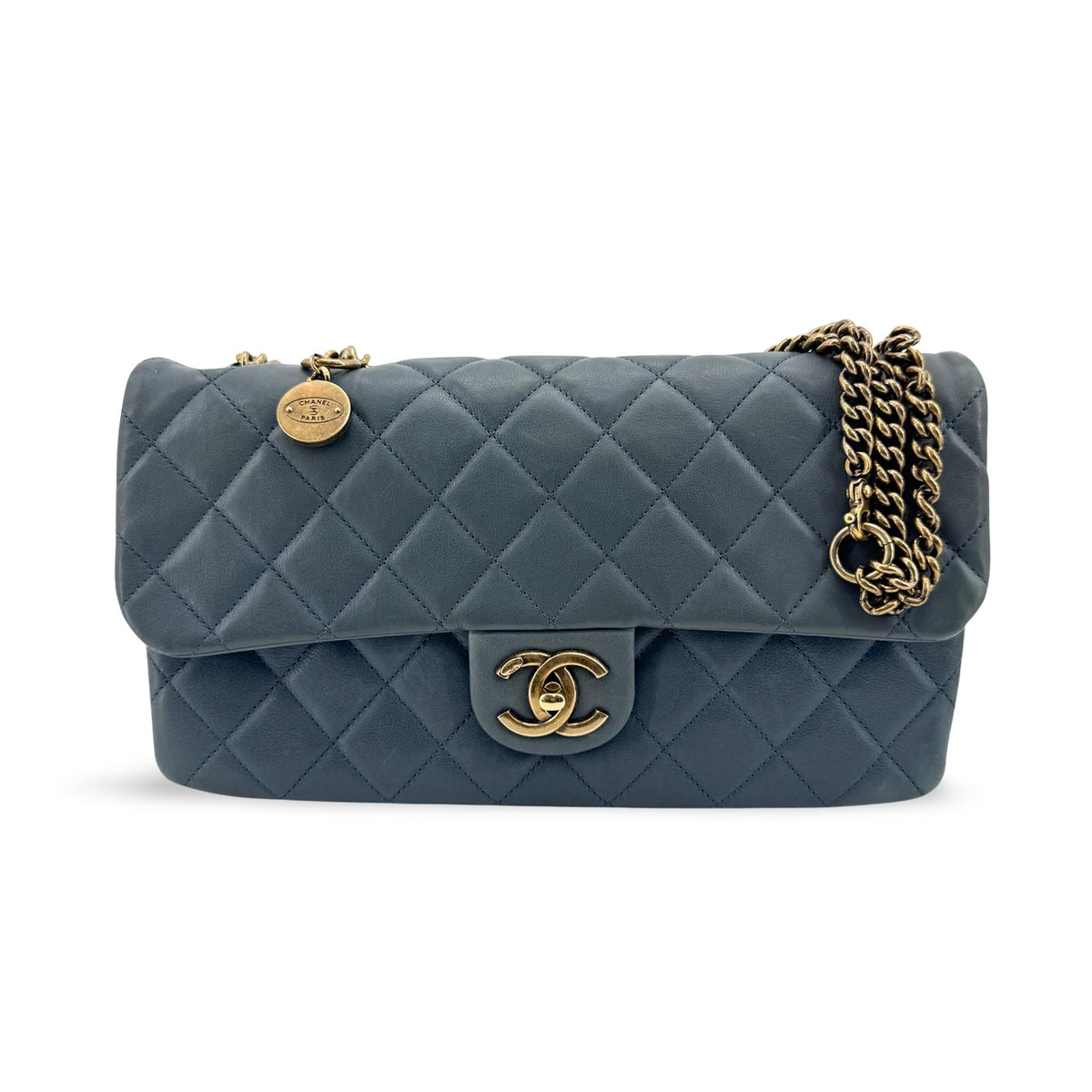 Chanel Cc Crown Flap Quilted Leather Blue Leather Shoulder Bag Bag (Pre-Owned)