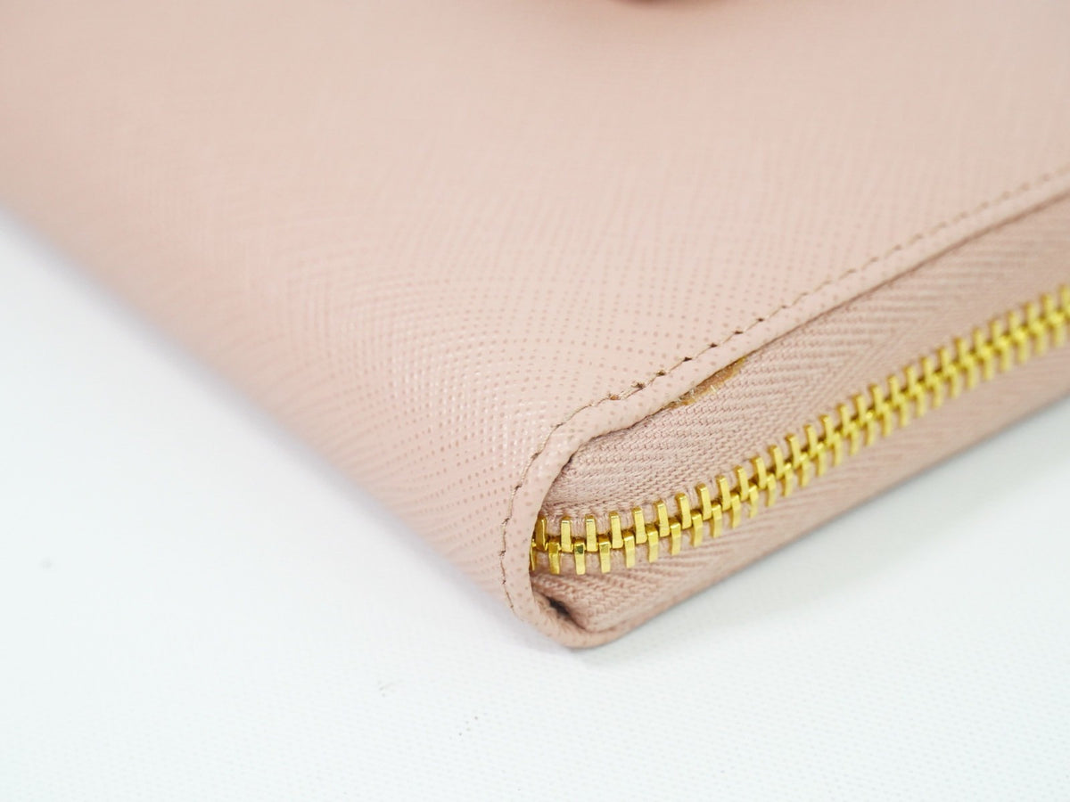 Prada Bow Zip Around Saffiano Leather Pink Leather Wallets Accessory (Pre-Owned)