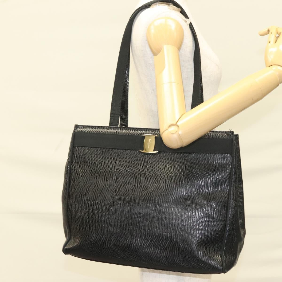 Salvatore Ferragamo Vintage Vara Bow Tote Lizard Embossed Leather Black Leather Tote Bag Bag (Pre-Owned)