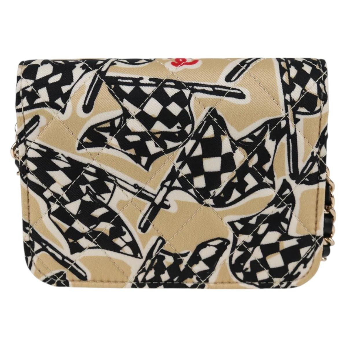Chanel Flap Card Holder On Chain Quilted Printed Canvas Beige Nylon Shoulder Bag Bag (Pre-Owned)