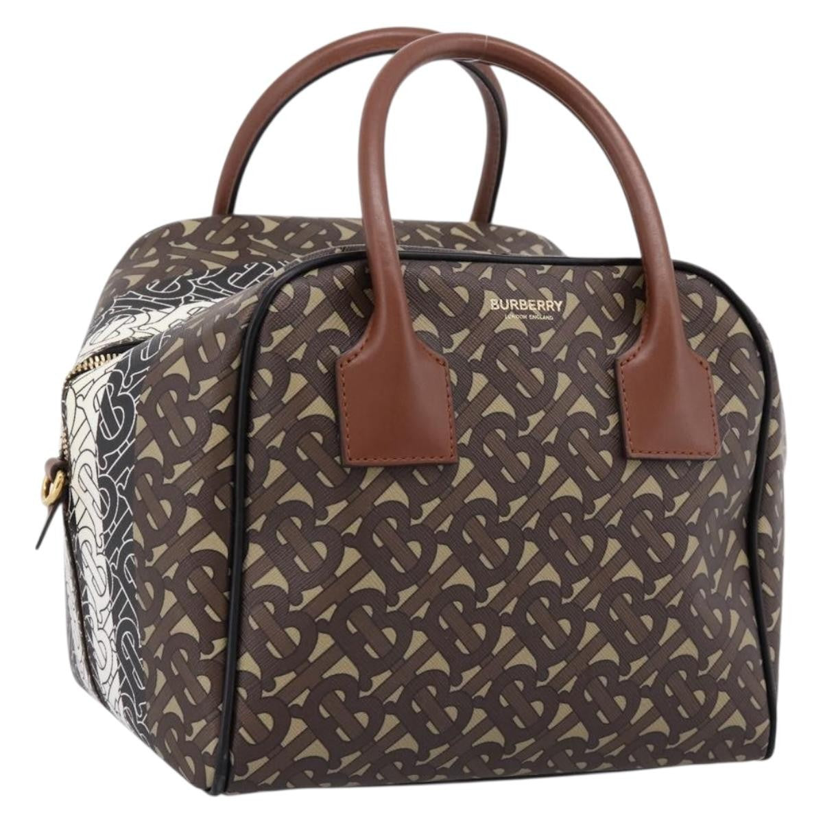 Burberry Tb Half Cube Duffle Monogram Embossed Leather Brown Canvas Handbag (Pre-Owned)