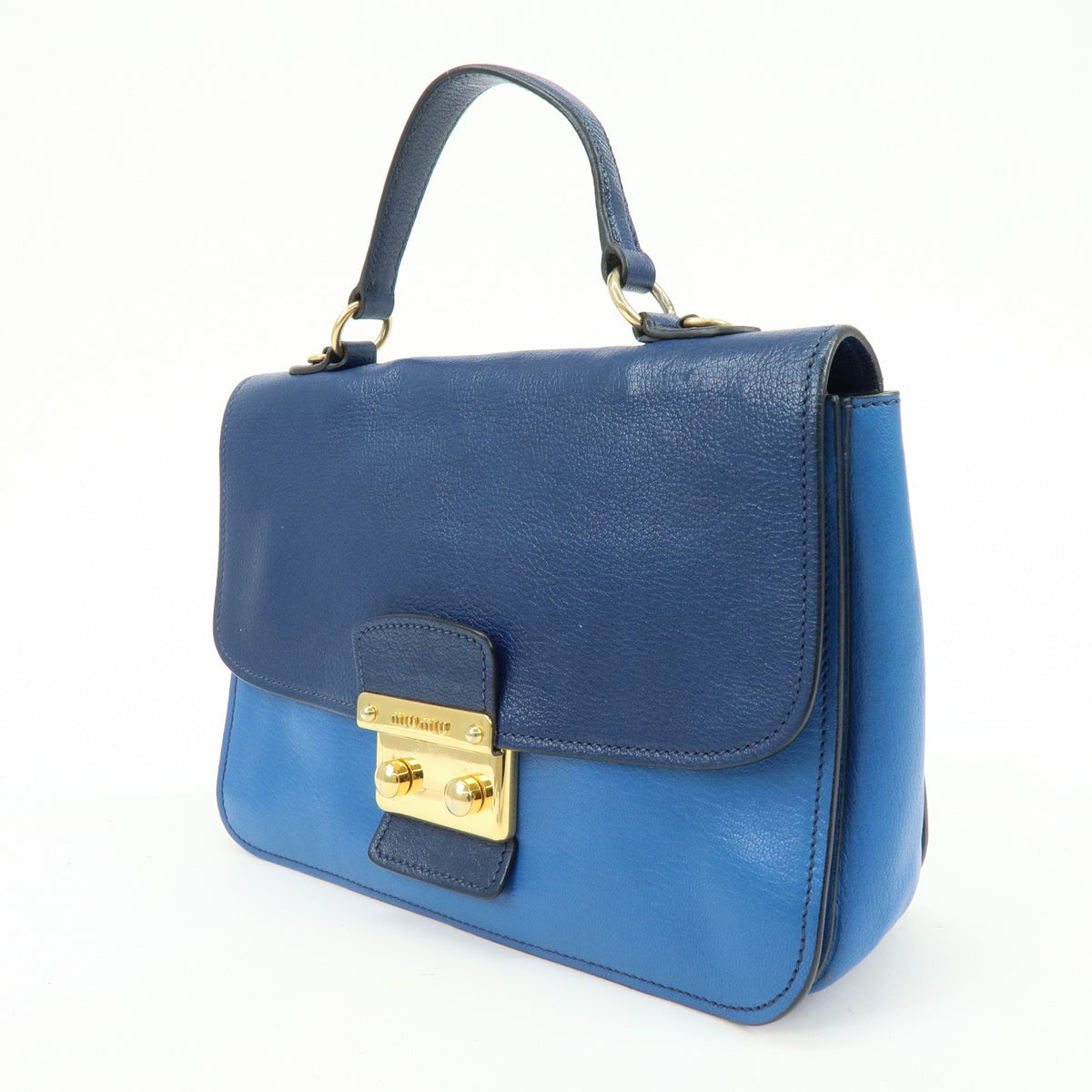 Miu Miu Madras Top Handle Leather Blue Leather Handbag (Pre-Owned)