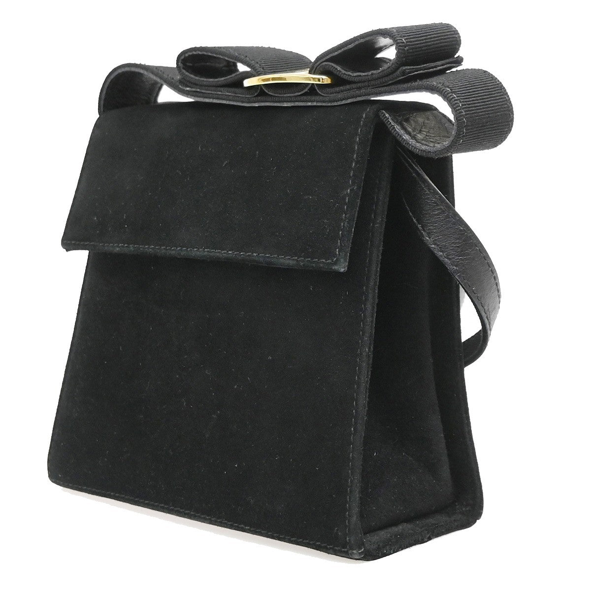 Salvatore Ferragamo Vintage Vara Bow Handle Shoulder Suede Black Suede Handbag (Pre-Owned)
