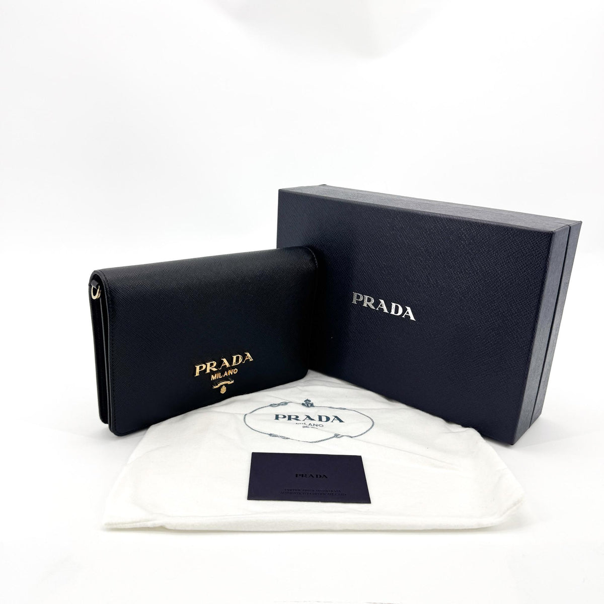 Prada Flap Card Case On Chain Saffiano Leather Black Leather Card Holders Accessory (Pre-Owned)
