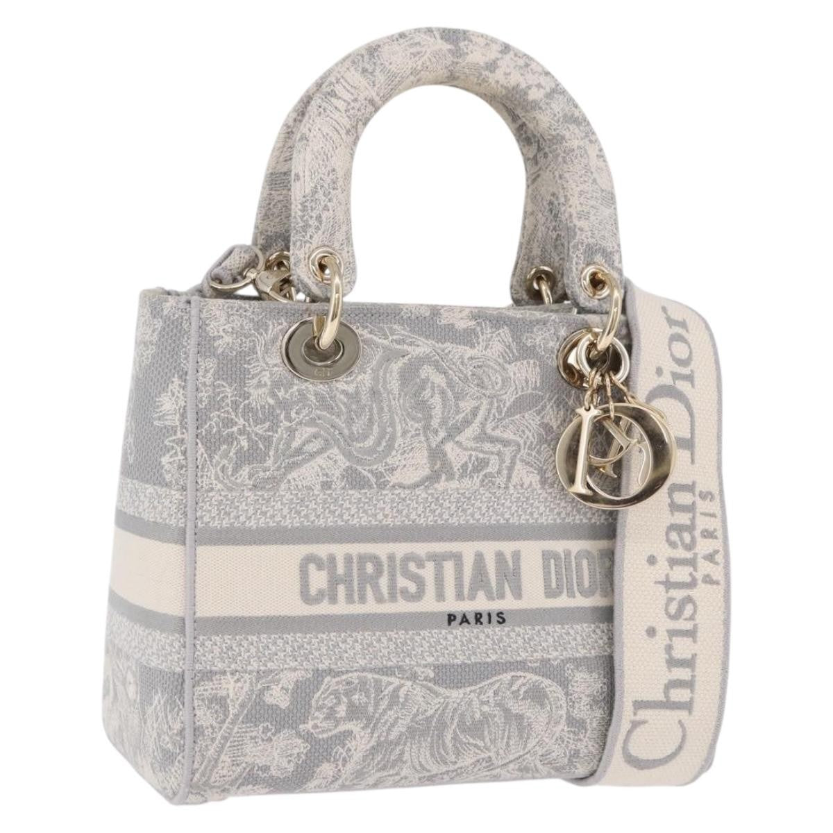 Christian Dior Lady Dior Embroidered Canvas Gray Canvas Handbag (Pre-Owned)