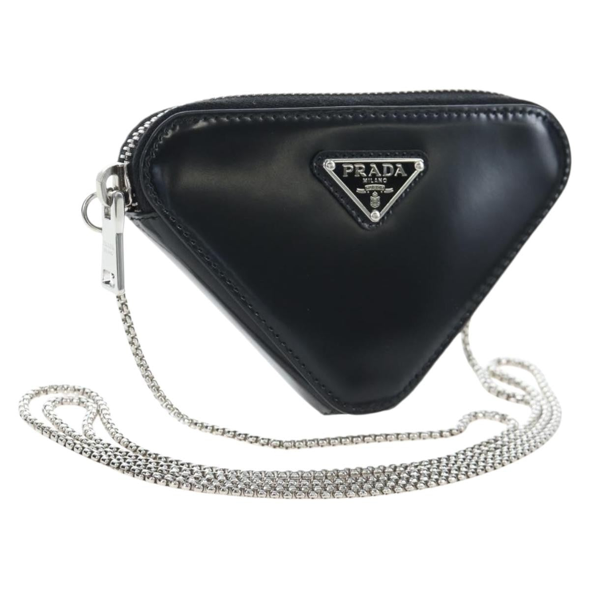 Prada Triangle Logo Zip Embossed Leather Black Leather Shoulder Bag Bag (Pre-Owned)