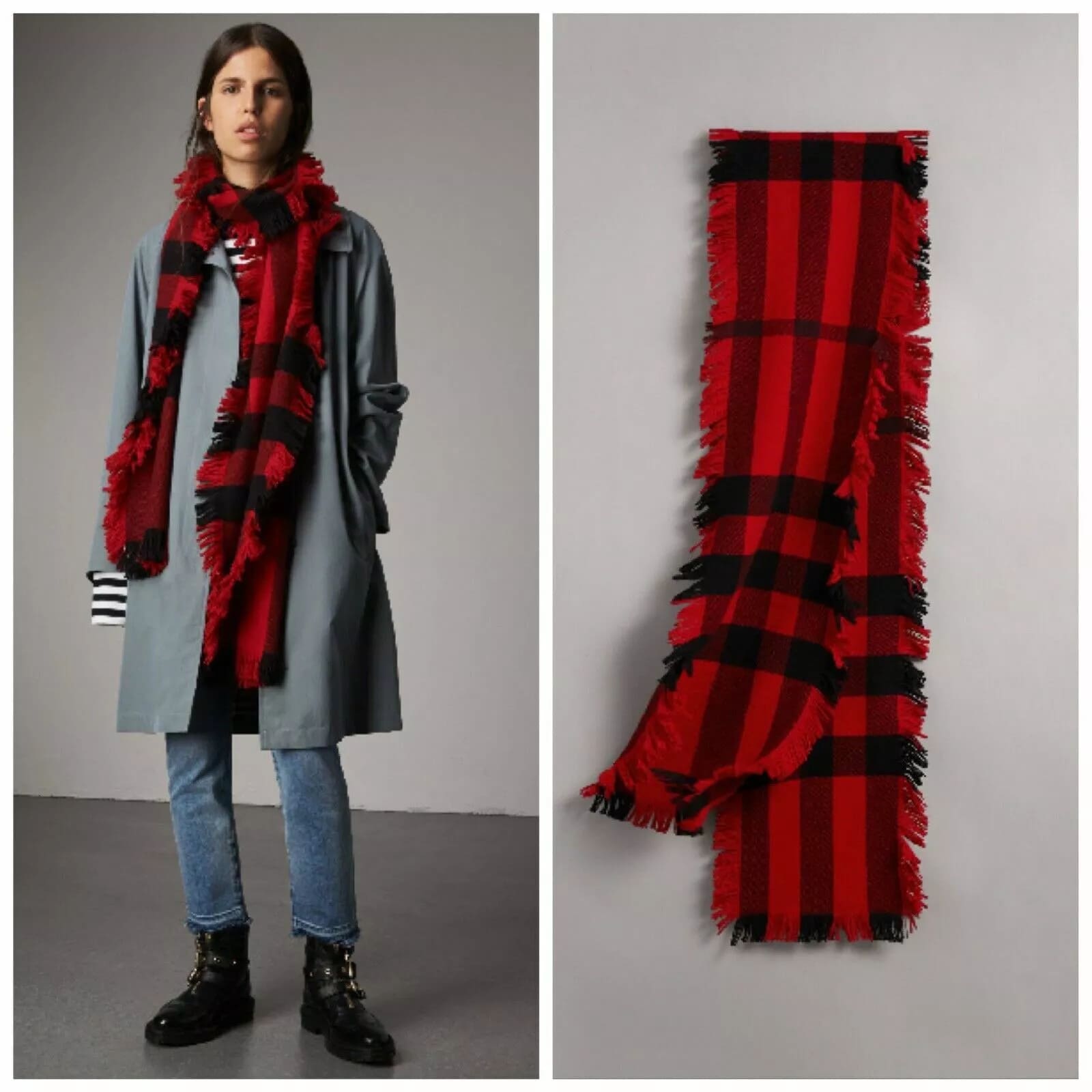 Burberry Red Half Mega Check Fringe Wool Scarf