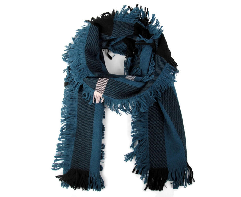 Burberry Women's Blue / Black Wool Fashion Scarf With Fringe And Pink Stripe 40609901