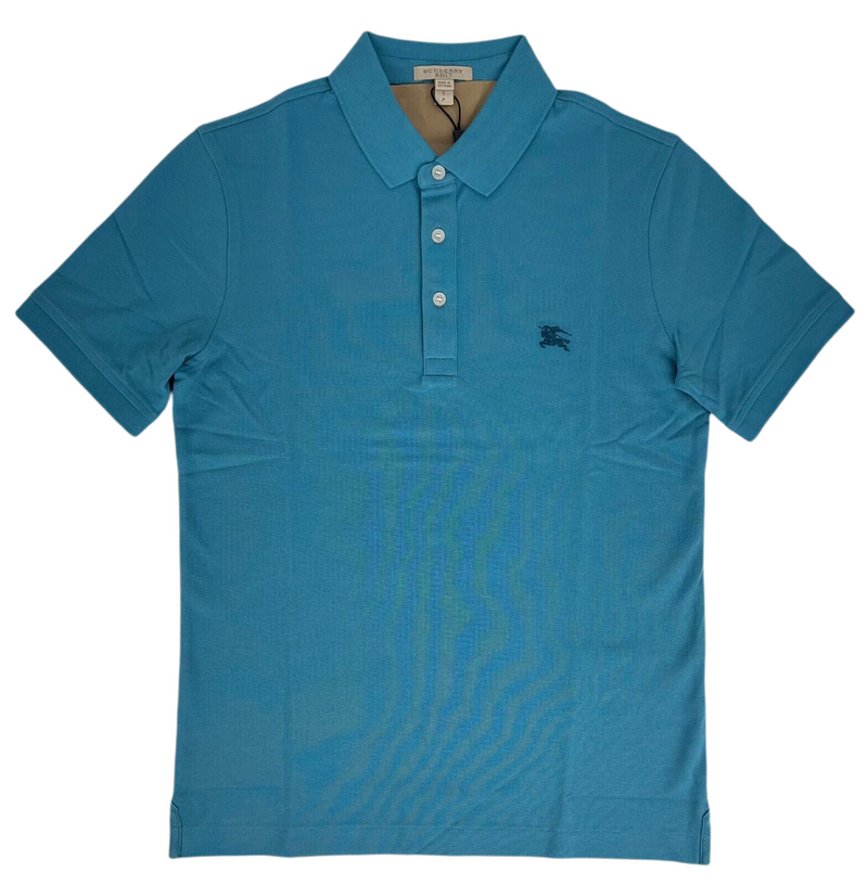 Burberry Men's Turquoise Cotton Cobalt Embroidered Logo Polo Shirt S