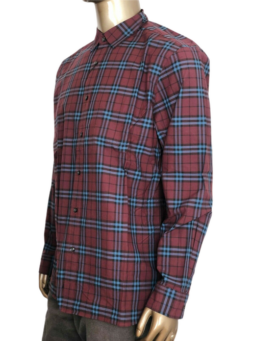 Burberry Alexander Men's Crimson Red/Blue Checked Cotton Shirt (2XL)