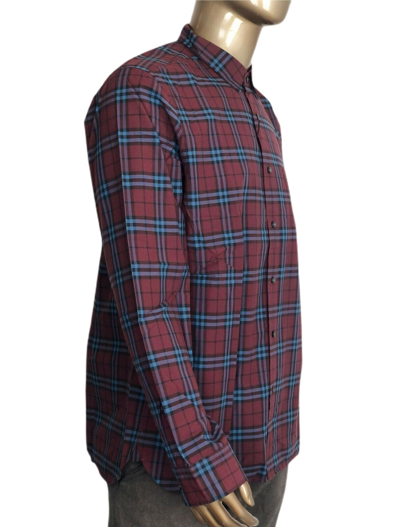 Burberry Alexander Men's Crimson Red/Blue Checked Cotton Shirt (2XL)