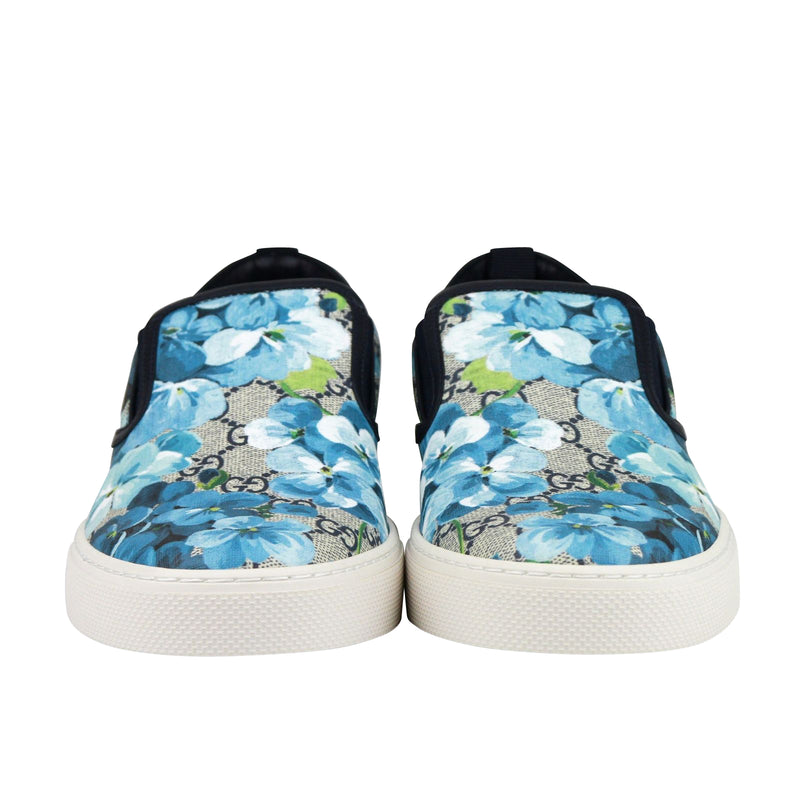 Gucci Bloom Flower Print Blue GG Supreme Coated Canvas Slip Sneakers 407362 8471
